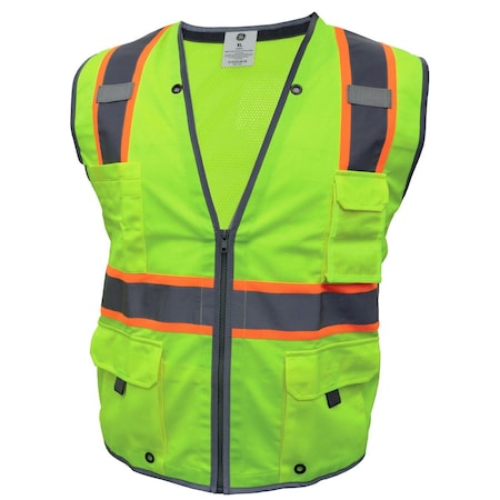 Ge Hi-Vis Safety Vest XL Class 2 , Zipper 8 Pockets, ID Window GV086GXL